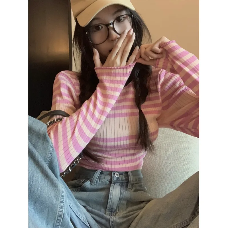 

Sweet And Spicy Long Sve Striped Knitwear ort Sle Women's Base Layer irt Top Commute Sle Slim Fit Autumn Faion