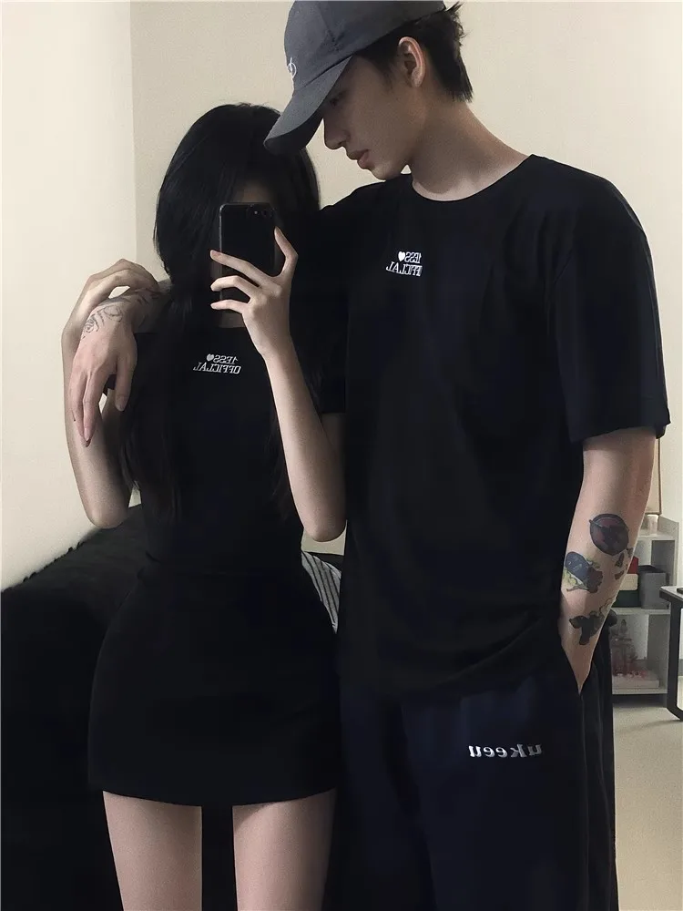 Milan Sle Couple correspondant été ort Sve t-shirt femmes Dr décontracté Version coréenne Polyester fibre a-ligne jupe