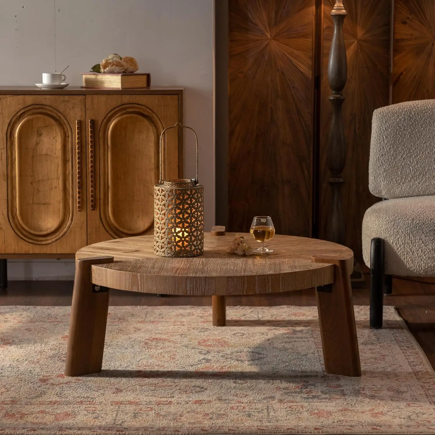 

Round Rustic Coffee Table Thick Solid Wood Circle Accent 35.43in 3 Legs Living Room Home Furniture Walnut Customized