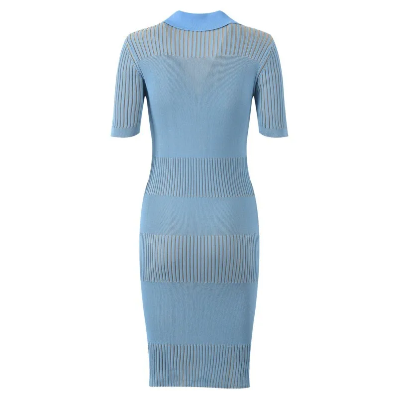 Blue V-neck short sleeve elastic dress Spring/fall/summer new fashion wrap hip ice silk knit dress