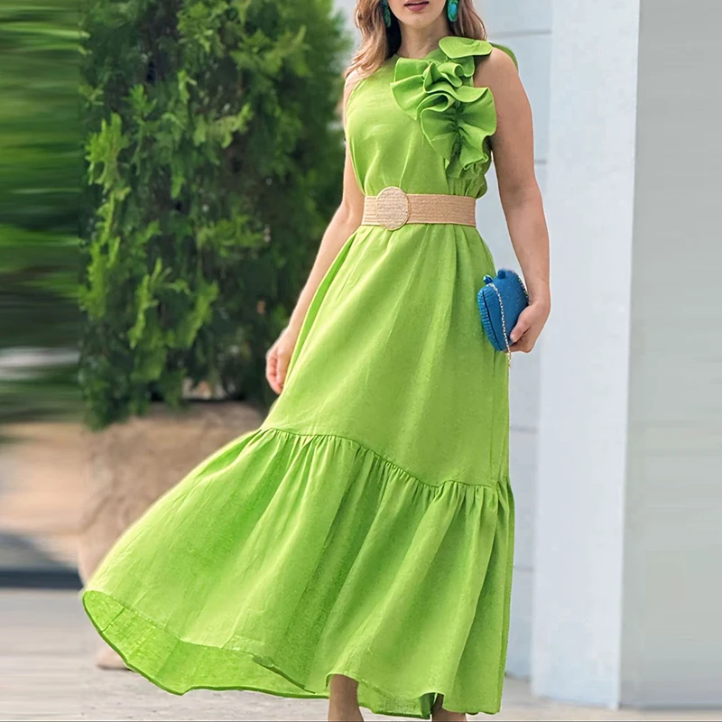 Abiti Boho senza maniche estivi Abito da pendolare con design semplice con volant laterale alla moda Abito lungo pieghettato a vita alta solido primaverile da donna