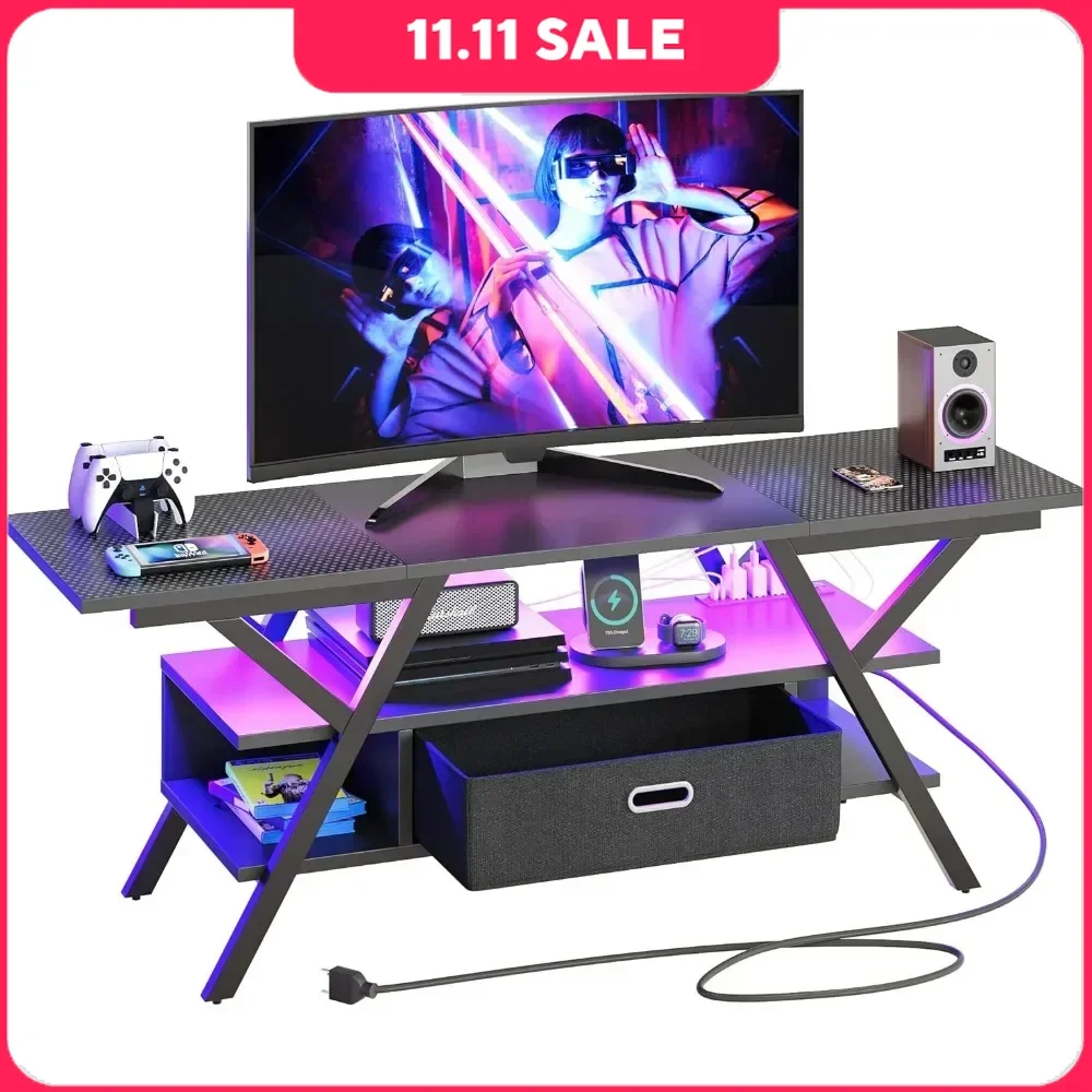 TV Stand with Power Outlets Gaming  for up to 65 Inch 55” Game Console, Removable Drawer 20 Dynamic RGB Modes,Tv Stand