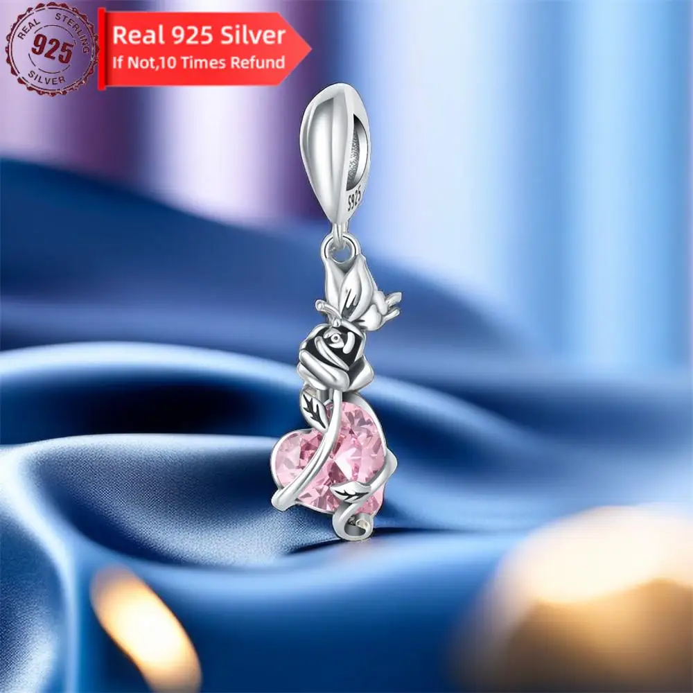 

New Style Sterling Silver 925 Zircon Heart Rose Pendant Beads Fit Original Bracelets Charms Fine Women Jewelry Gifts