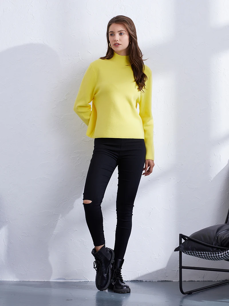 Vintage Pullover Sweater Women Yellow Blue Autumn Mock Neck Cropped Sweater Korean Style Long Sleeve Short Sweater For Women