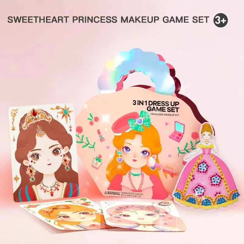 Fantasy 3-in-1 Princess Dress Up & Make Up Game Set Diy Creative Girls Makeup Toy Drawing Outfit Changing Diamond Sticking