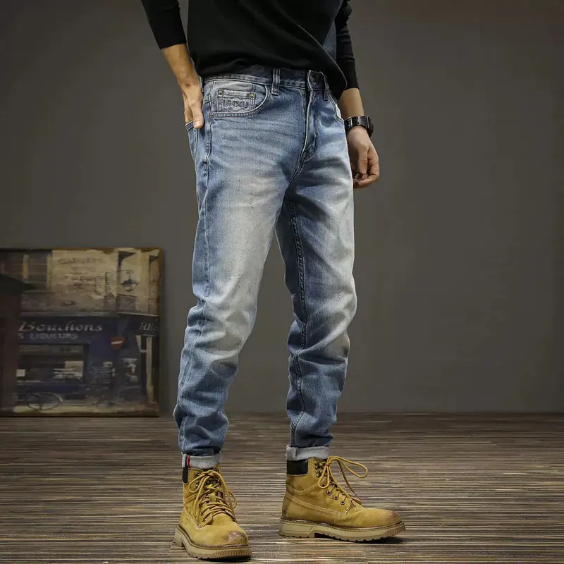 Fashion Designer Men Jeans High Quality Retro Blue Elastic Slim Fit Ripped Jeans Men Vintage Trousers Casual Denim Pants Hombre