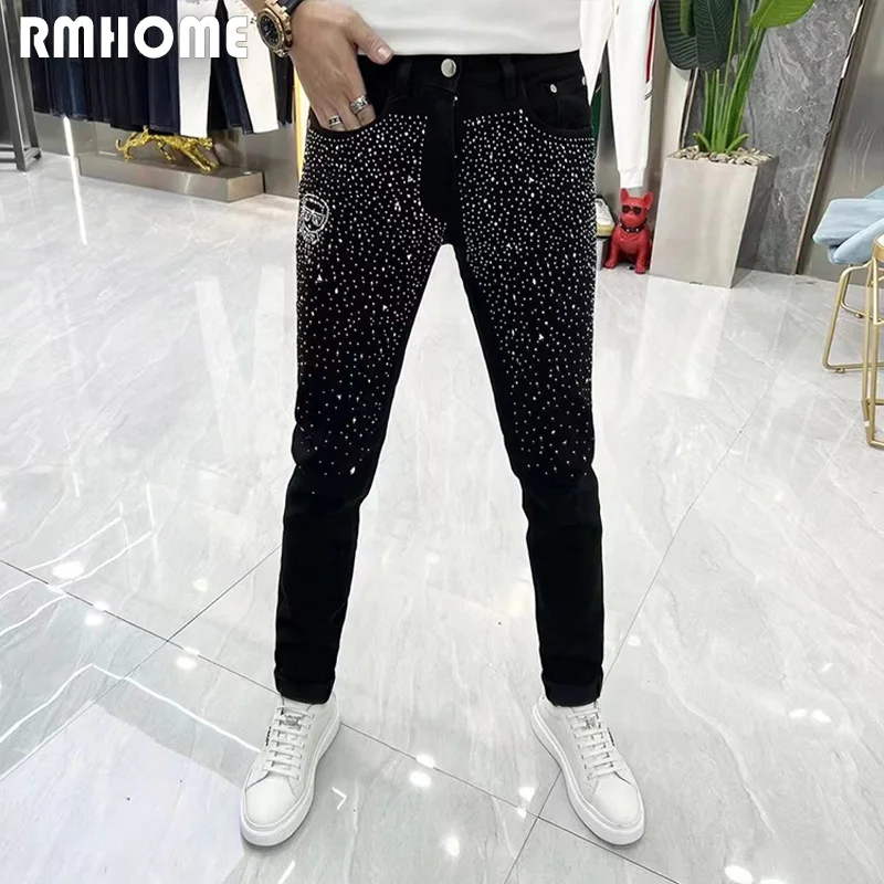 Men's Black Jeans Luxury Rhinestone Design New style Slim Male Pencil Pants All Seasons Popular Handsome Trousers Man Clothing