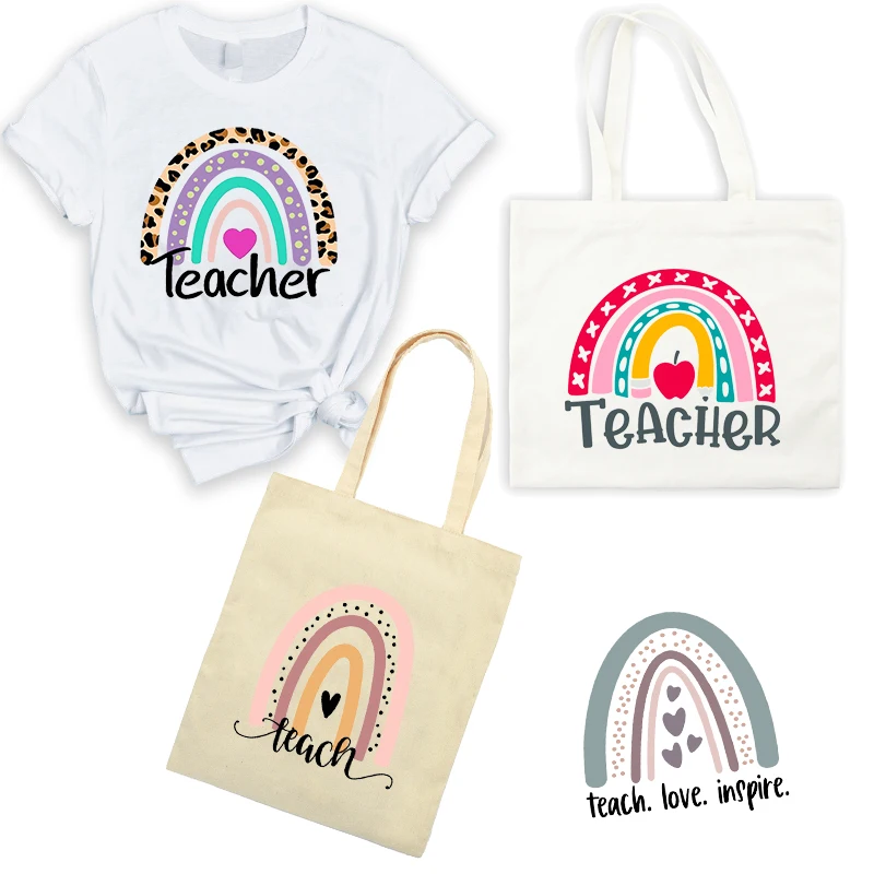 Iron on Rainbow Teacher Patches Set for Clothes Canvas Bag DIY T-shirt Applique Vinyl Heat Transfer Tops Sticker Thermal Press