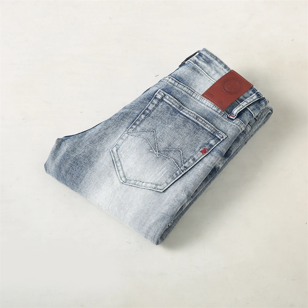 Italian Style Fashion Men Jeans Retro Light Gray Blue Elastic Stretch Ripped Jeans Men Slim Fit Vintage Designer Denim Pants
