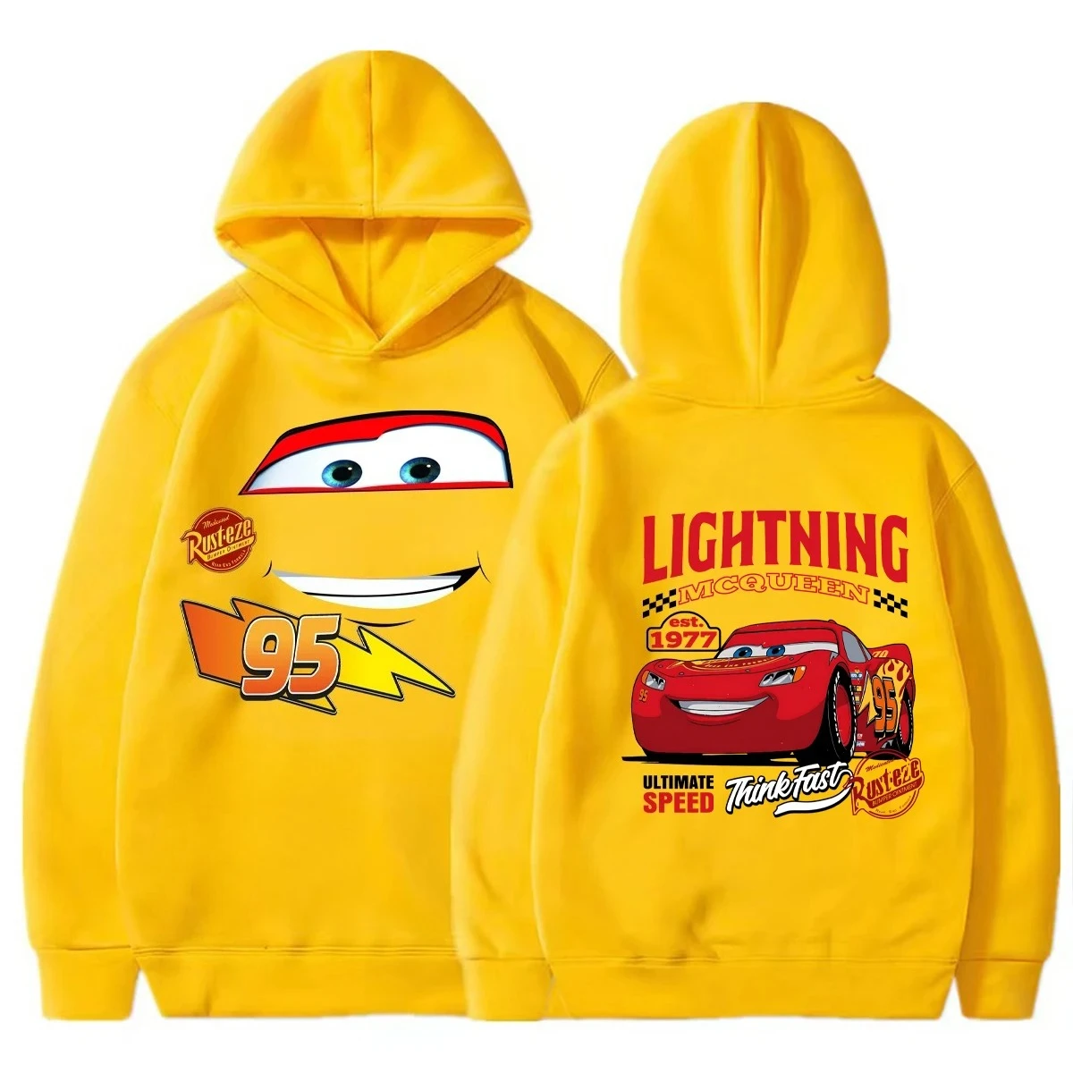 سويت شيرت بغطاء للرأس مطبوع عليه سيارة Lightning McQueen Fun، بلوفر نسائي كاجوال أنيق للخريف/الشتاء، نسيج قطني نقي