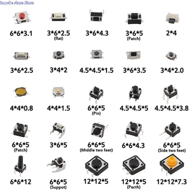 D0UA 250pcs Micros Sakelar Sakelar sesaat 25 Varietas beragam ukuran untuk proyek DIY