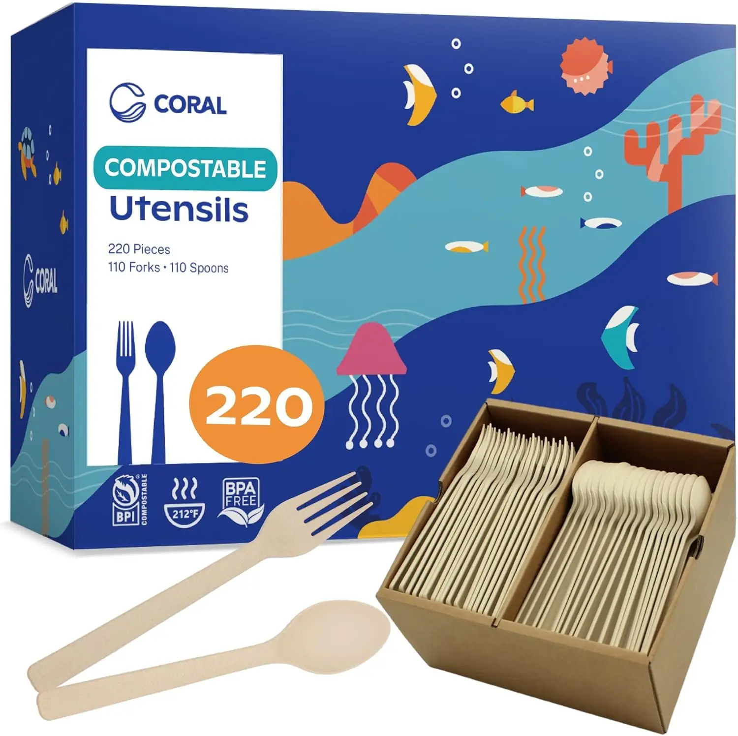 

Light Brown 100% Compostable Spoons & Forks Set - 220 Pieces - No Plastic Utensil 110 Forks, 110 Soup Spoons - Break Resis