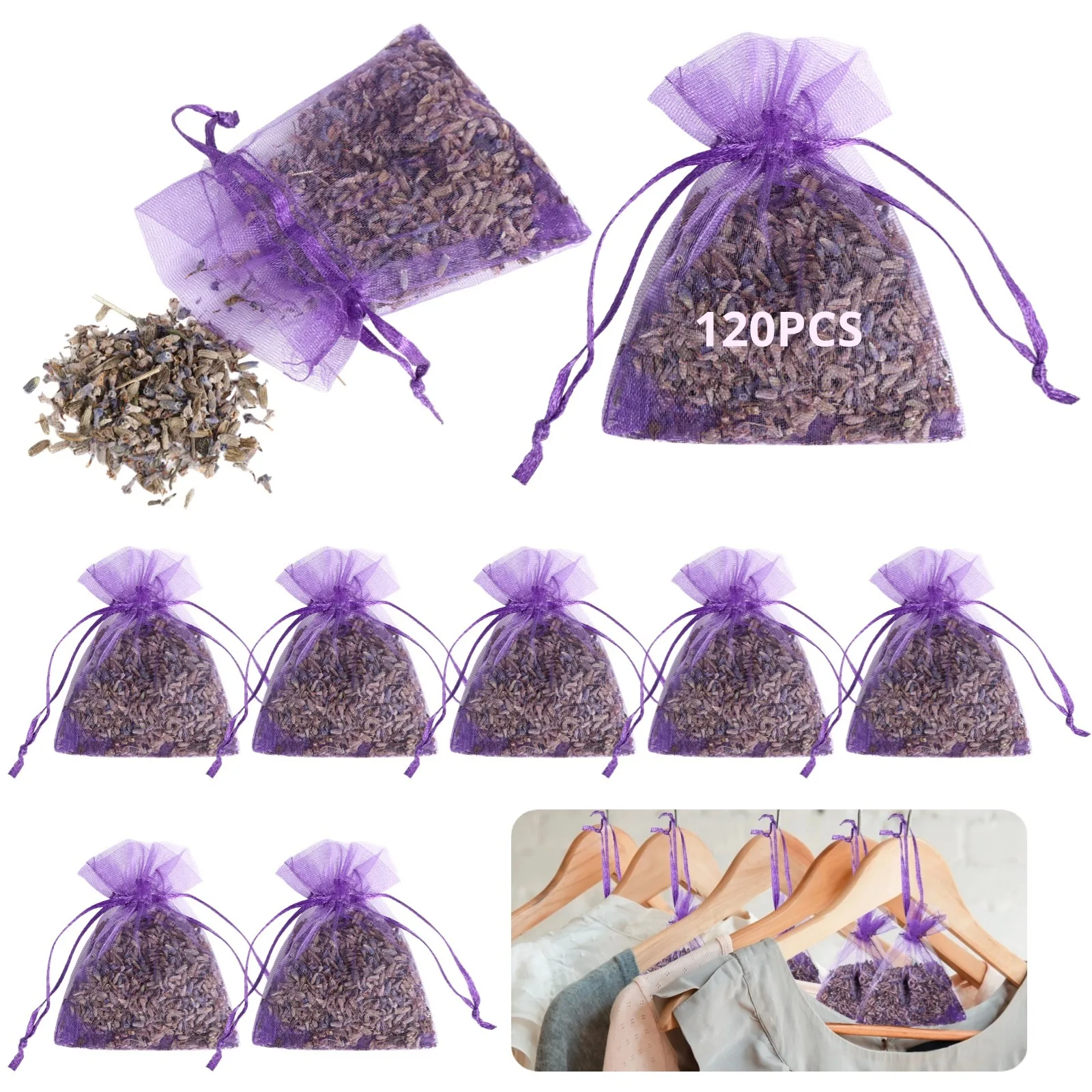 120Pcs Dried Lavender Bag Bulk Lavender Sachets Small Hanging Lavender Drawstring Organza Bag Lasting Fragrance Lavender Scented