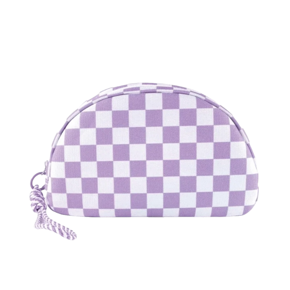 Waterproof Checkered Pattern Cosmetic Bag with Hand Strap Zipper Closure Makeup Bag Half Moon Portable Makeup Organizer