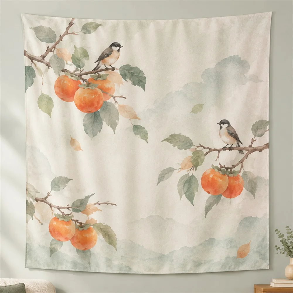 VIKAMA Persimmon and Bird Clustered Groups Tapestry Wall Hanging, Korean Wall Decor Tapestries for Living Room Bedroom Kids Room