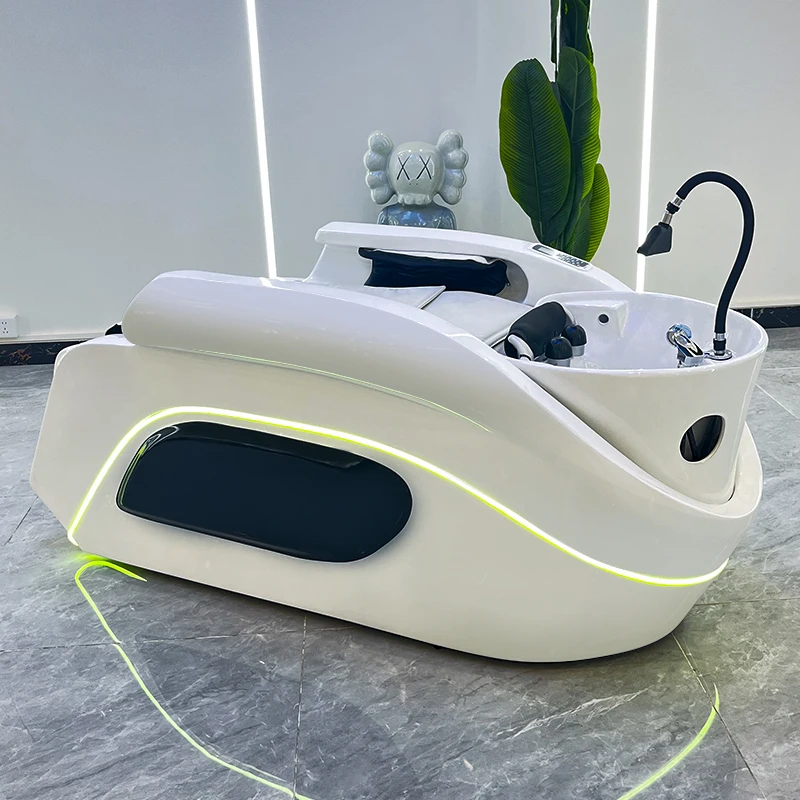 Multifunctional Electric Shampoo Bed With Full‑Body Massage LED Light Hair Washing Chair Ceramic Sink for Hair Salon Beauty SPA