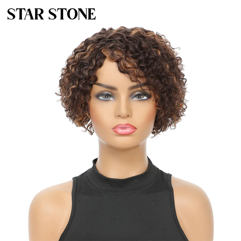 

STAR STONE Pixie Cut Curly Wigs Water Wave T-Part Lace Wig 100% Human Hair Wigs Pre Plucked Side Part Lace Wig Short Bob Wigs