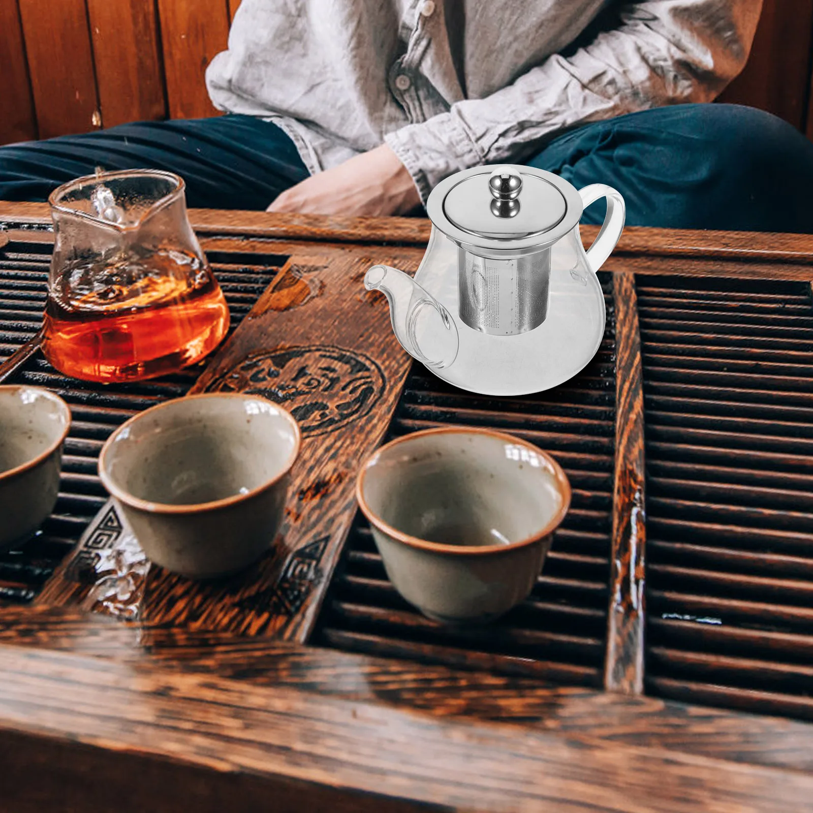 

400ml Heat Resistant Glass Teapot Stainless Steel Infuser Clear Brewing Monitor Elegant Comfortable Handle Glass Teapot