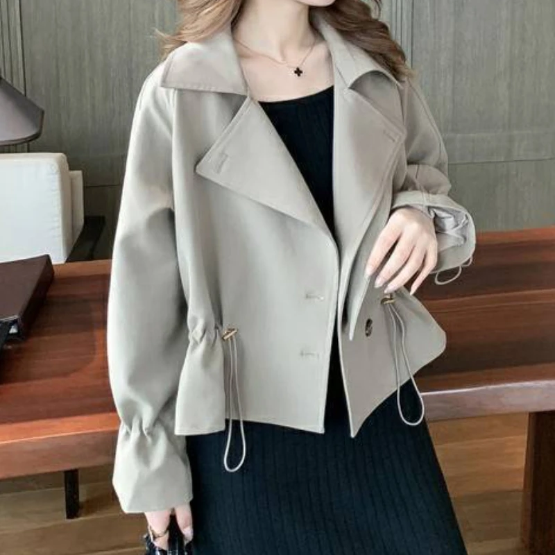 

Trench Women Shirring Autumn New Korean Style Fashion Solid Outwear Simple Office Ladies Cropped All-match Streetwear Casual