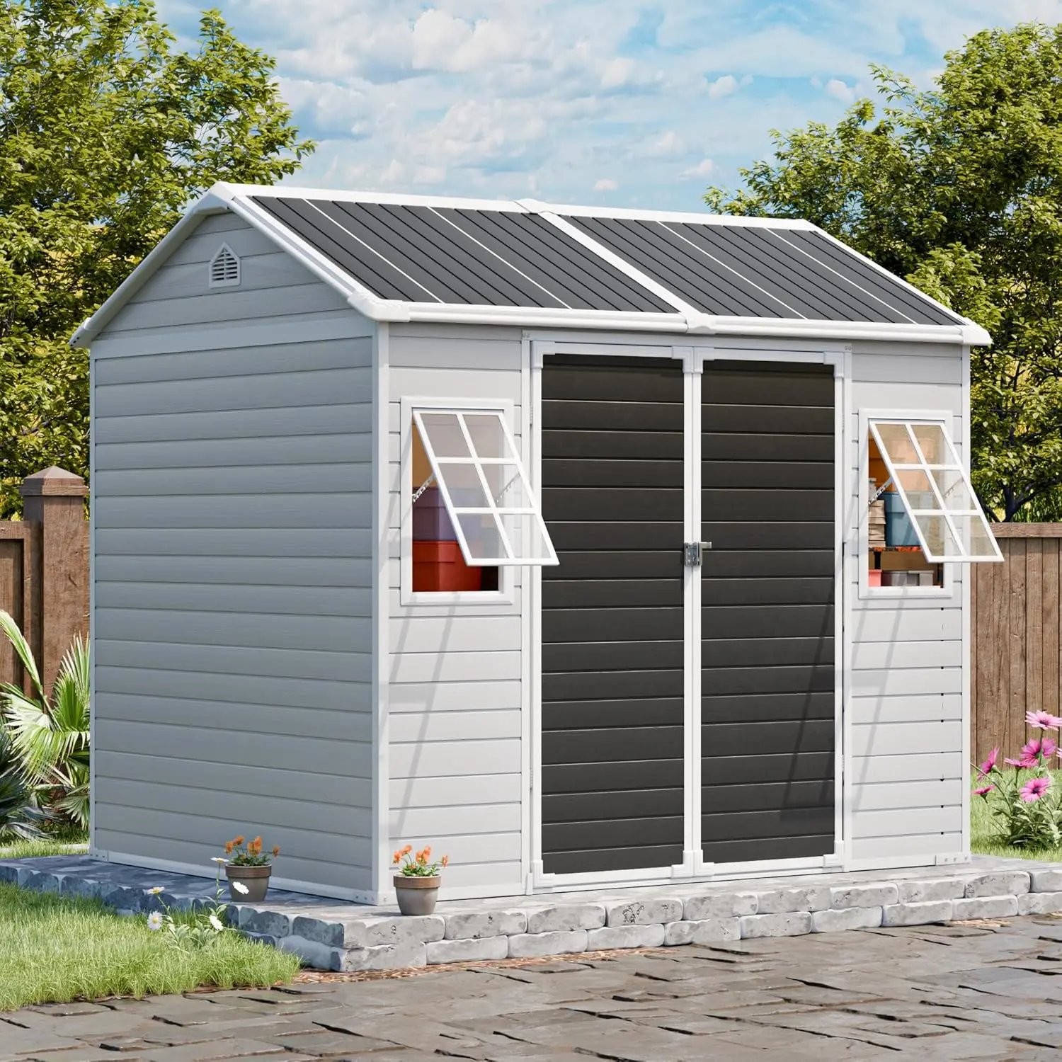 

8x6FT Waterproof Resin Storage Shed with Floor & Adjustable Windows Lockable Door for Backyard Patio Lawn Customized
