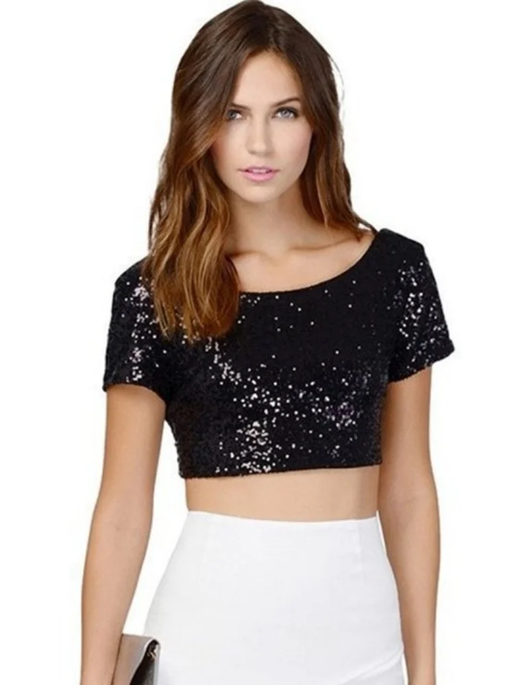 Haut court brillant à manches courtes pour femme, Sexy, couleur unie, col rond, confortable, Vintage, pull de soirée, Streetwear