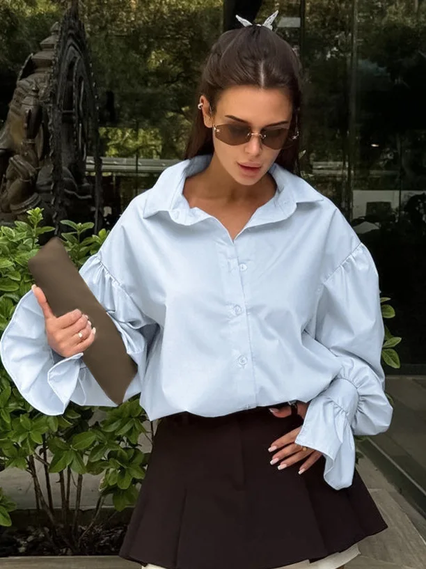 

Модная однотонная женская блузка с воротником, расклешенными рукавами-колокол, длинными рукавами, повседневная, из полиэстера, не требующая глажки