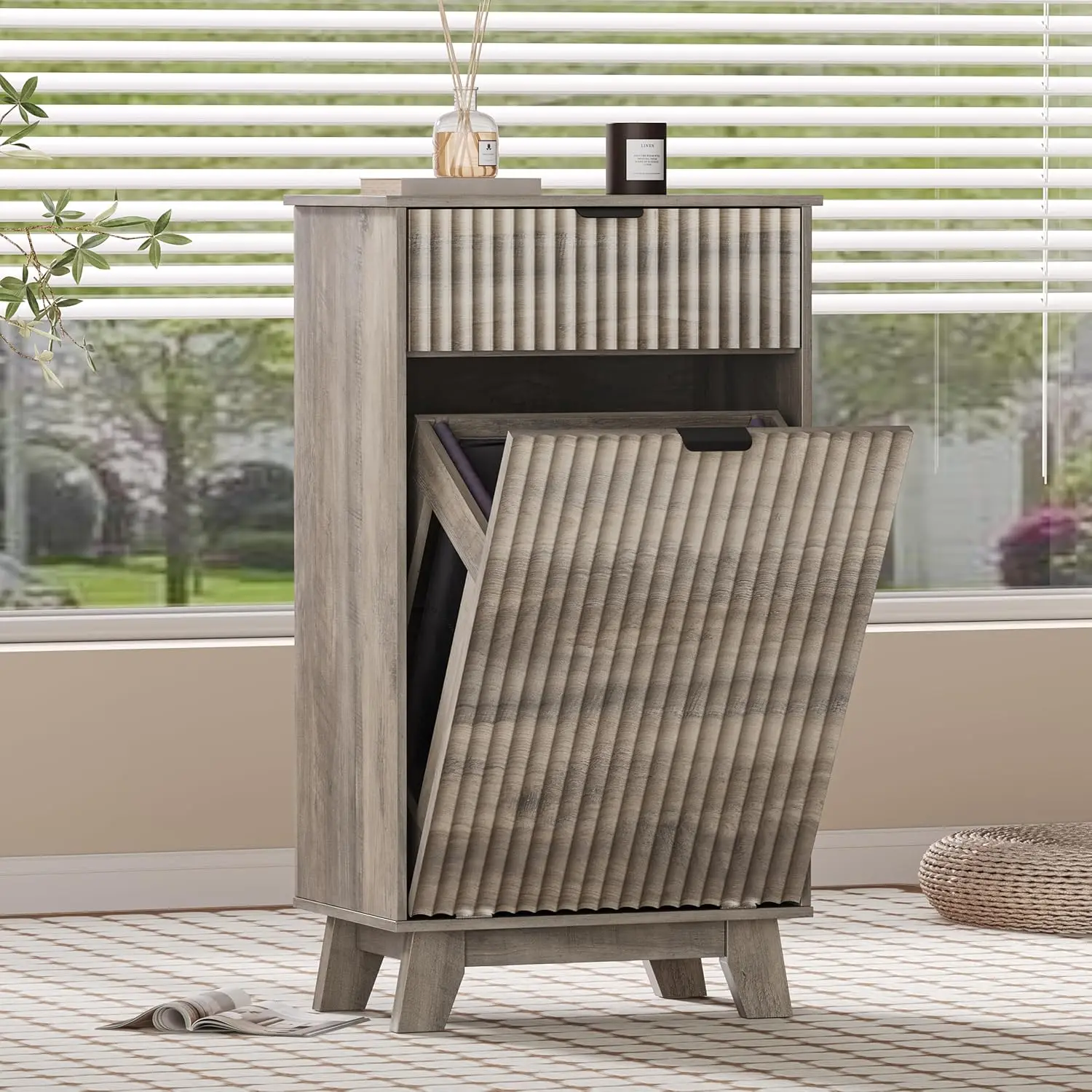 

Tilt Out Laundry Hamper Cabinet with Storage and Drawer, 10 Gallon Fluted Hidden Trash Can Cabinet, Farmhouse Wood Laundry Ba