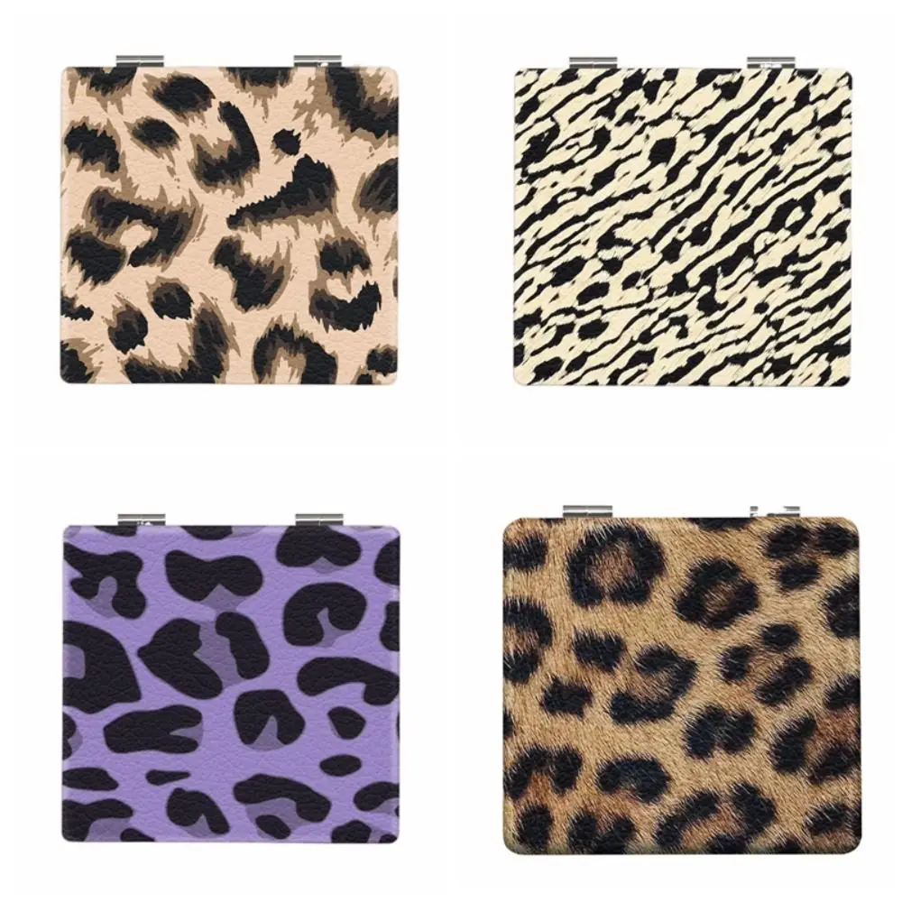 Portable Leopard Print Makeup Mirror Folding Square Pocket Mirror Double-Sided Mini Cosmetics Mirror