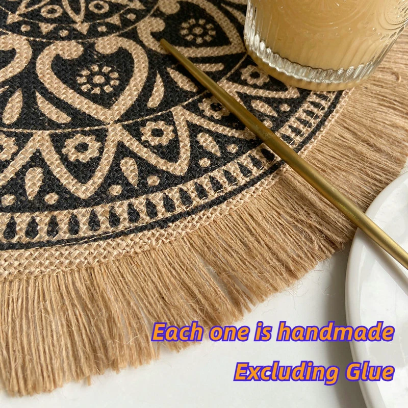 4 PCS Round Placemats with Tassels Boho Linen Table Mat Non-Slip Heat Insulation Cup Coaster Kitchen Placemat for Dining Table