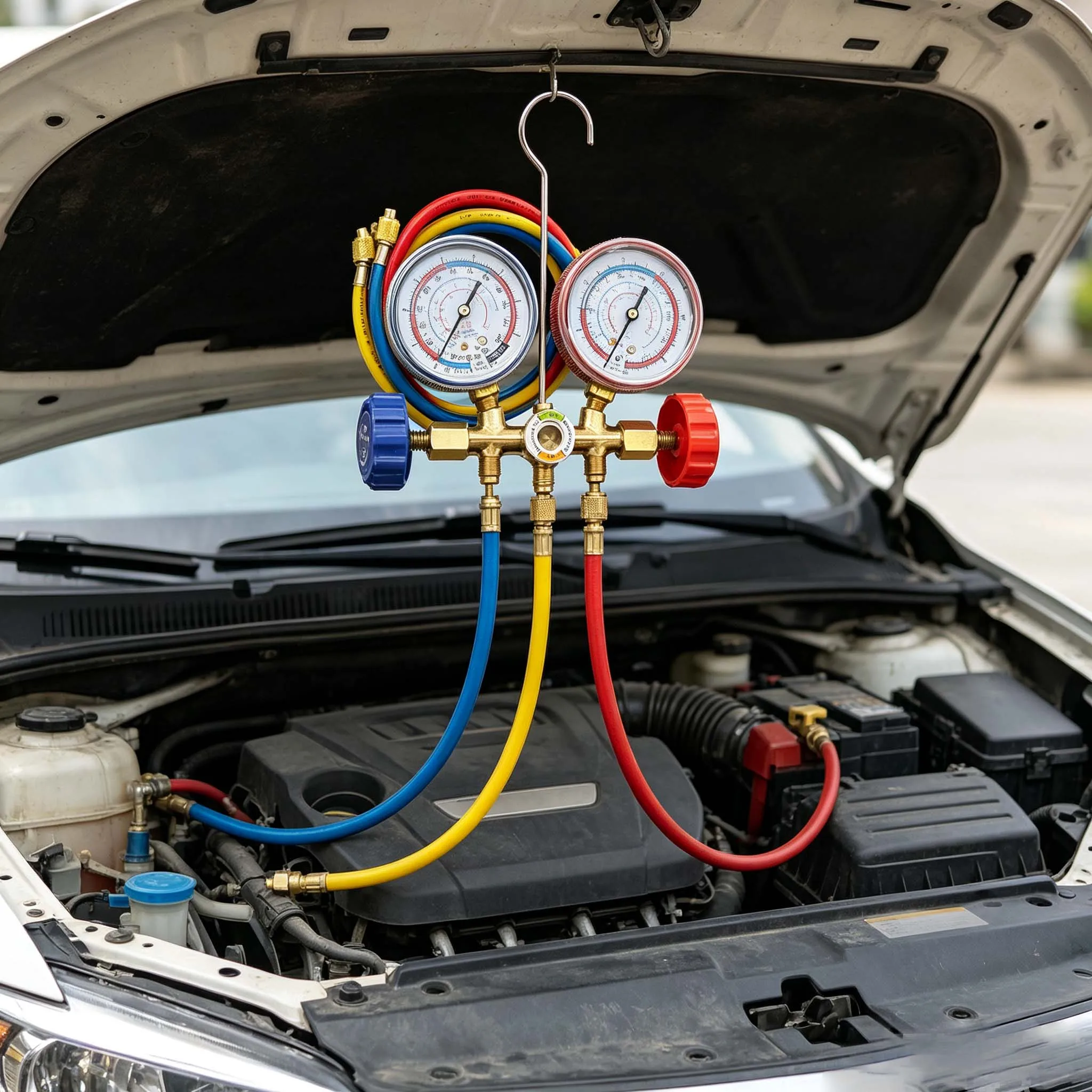 Air Conditioning Manifold Gauge Set Featuring Dual Pressure Monitoring Capability for Refrigerant Charging and System Evaluation