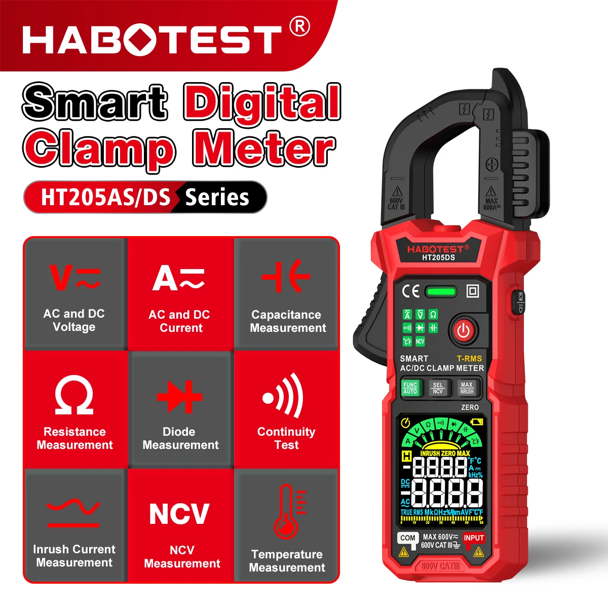 

Мультиметр HABOTEST HT205AS/DS с токовыми клещами AC/DC, 6000 измерений, NCV, T-RMS для измерения напряжения, сопротивления и емкости