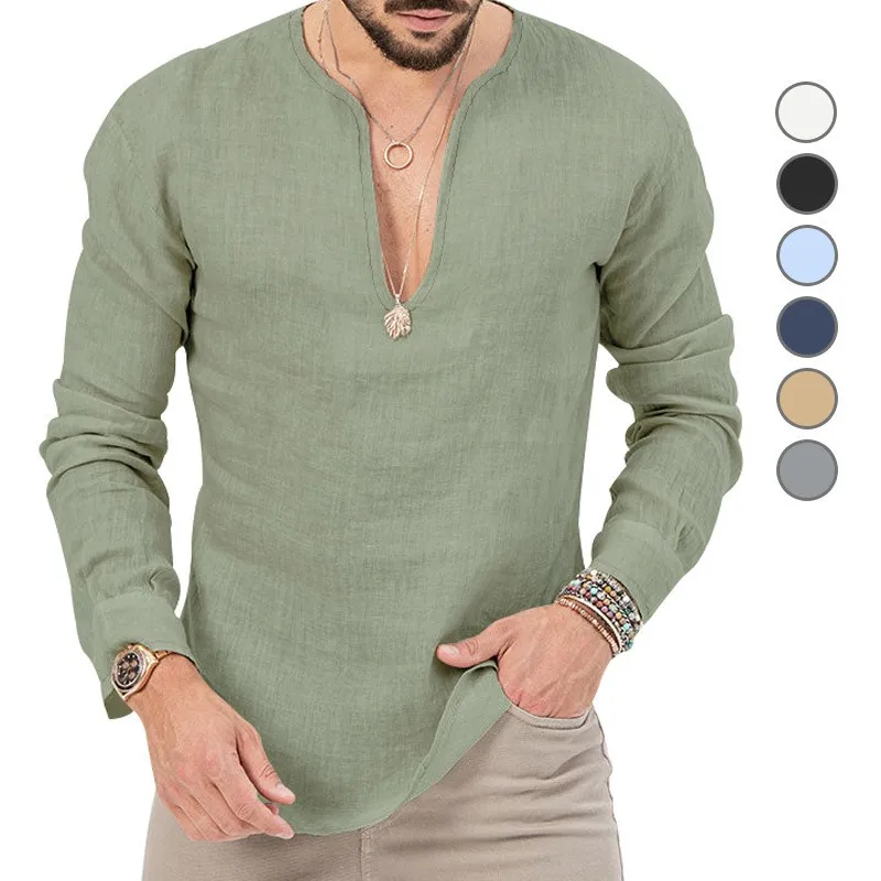 Casual Shirt Cotton Linen Deep V Neck T Shirt Slim Fit Long Sleeve Lightweight Fabric Solid Color Men's Olive Green Navy Blue