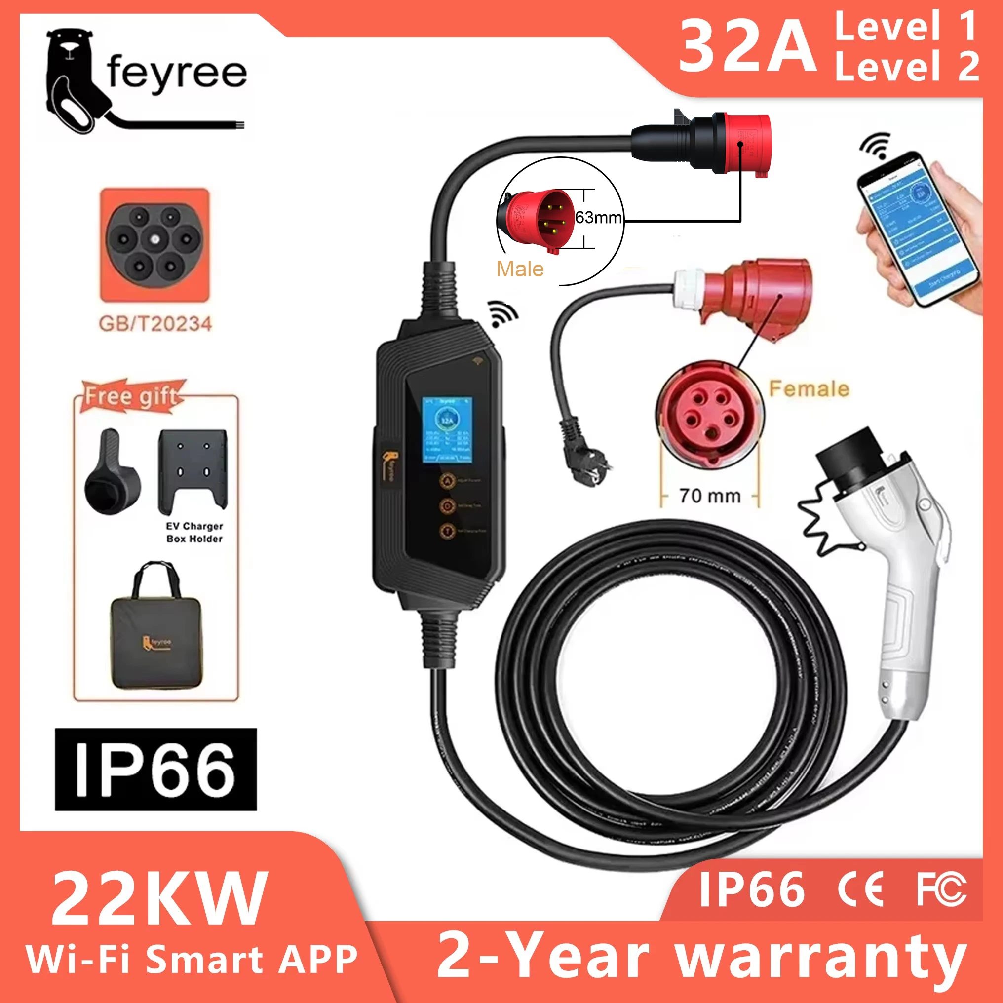 feyree Portable EV Charger GBT Plug 22KW 32A 3Phase EVSE Fast Charging Wi-Fi Smart APP Control for Electric Vehicle Car Charger