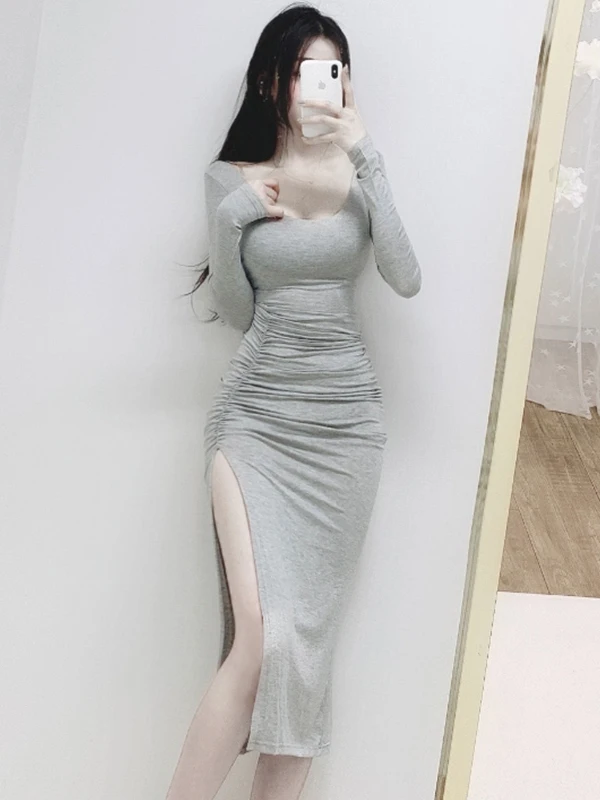 Dongda Gate Comfortable Sexy Women's Dress Body Shape Highlighting Low Cut round Neck Pleated Split Tight Fit Dress