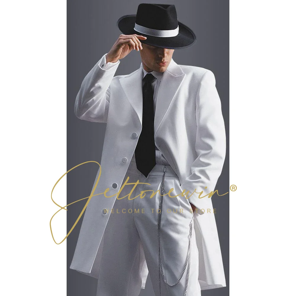 

White Men's Suits 2 Pieces Set 4 Buttons Male Prom Long Blazer Pant Peaked Lapel Groom Wedding Tuxedo Slim Fit Terno Masculino