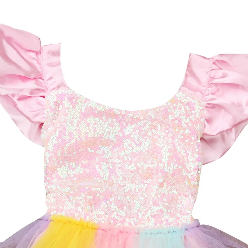 Summer Baby Dress Toddlers Girls Mesh Rainbow Color Sequined Short Sleeve Princess Dresses Children Party Birthday Clothing6M-3Y