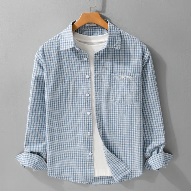 

2026 Spring Men's Simple Plaid 100% Cotton Washed Long-sleeved Shirt Loose Comfortable Breathable Fresh Casual Workwear Tops