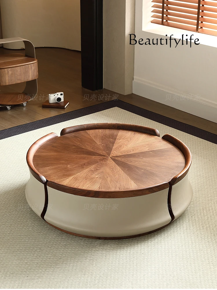 

Coffee Table Living Room New Italian Style Light Luxury High-Grade Home Petal Walnut Solid Wood round Coffee Table