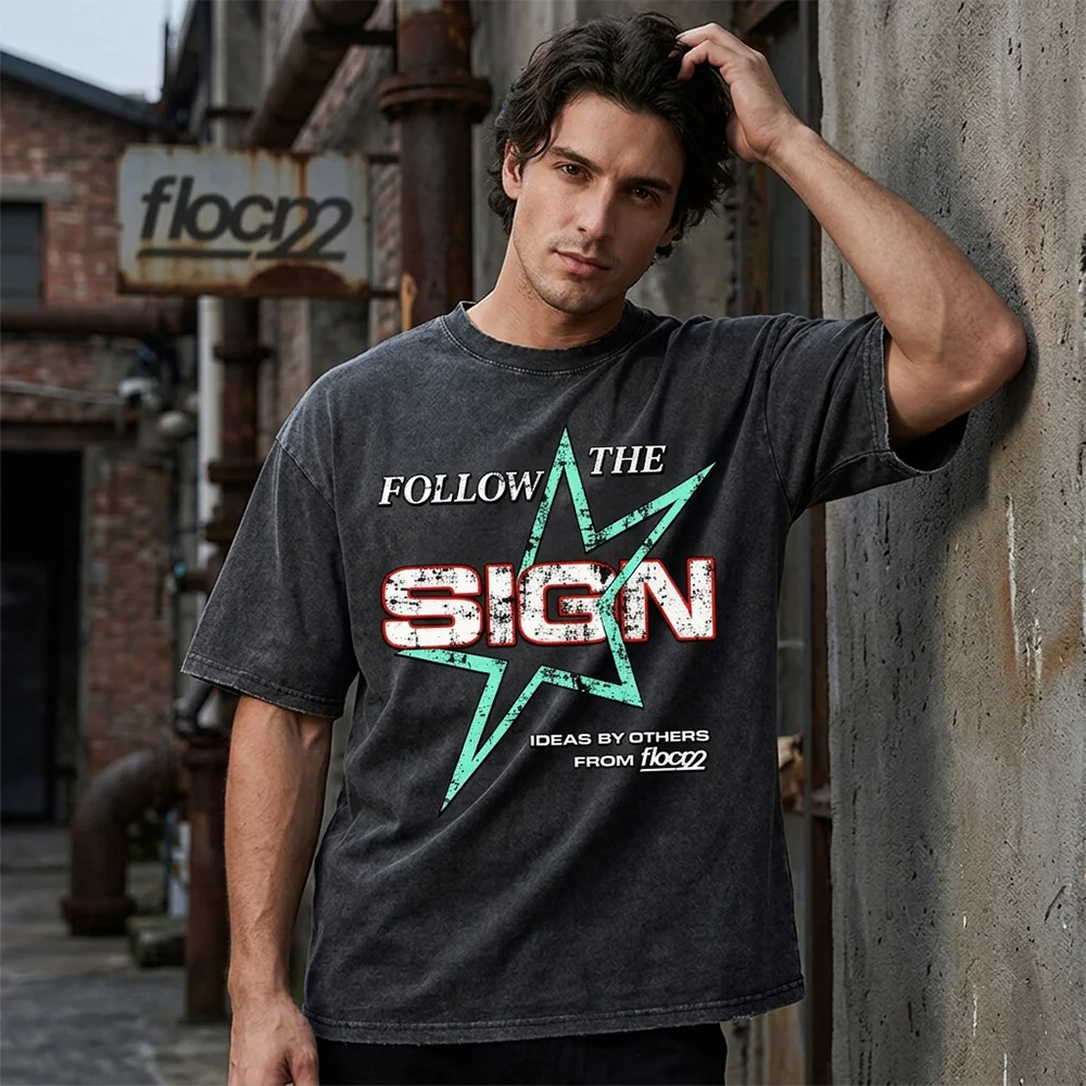 Men Follow The Sign Star Print T Shirt Vintage Acid Wash Graphic Tee Summer Short Sleeve Top Casual Streetwear Fashion Clothing