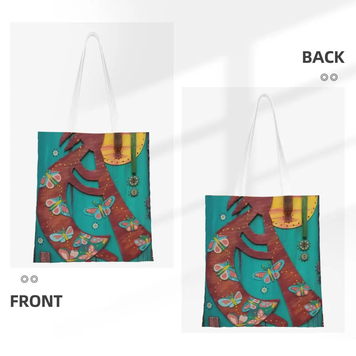 Custom Kokopelli The Flute Player Shopping Bag Canvas Shoulder Tote Bag Aboriginal Tribal Pattern Groceries Shopper Bags