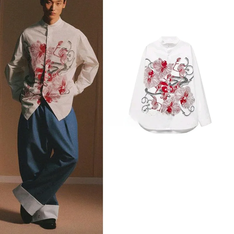 Colletto Zhongan a maniche lunghe con bottone singolo retrò da uomo della nuova primavera stampato irt confortevole vestibilità ampia in fibra di poliestere