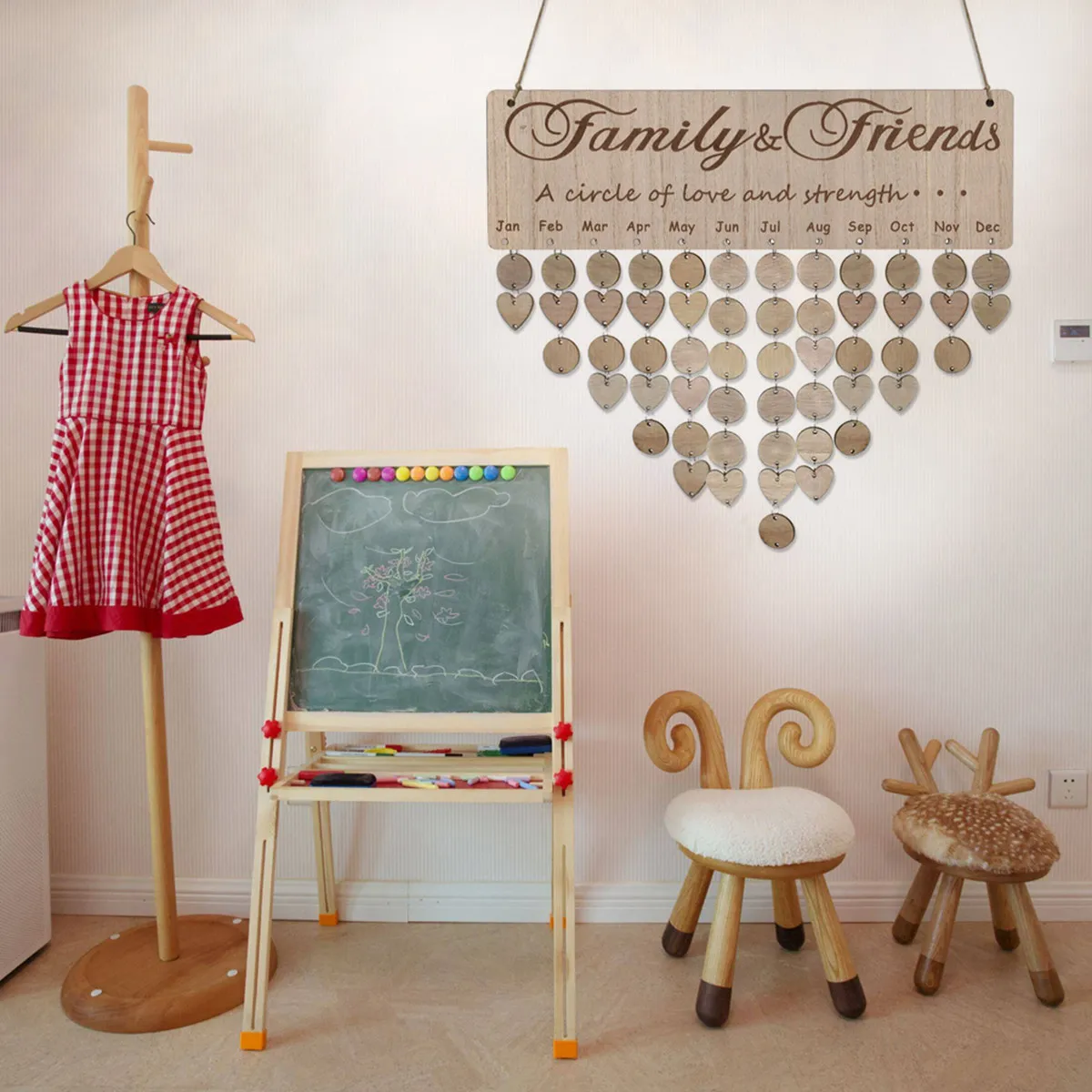 

Wooden Calendar Reminder Plaque 50 Discs 1 Board 1 Rope Family Birthday Tracker Wall Decoration for Anniversary Valentine Mother