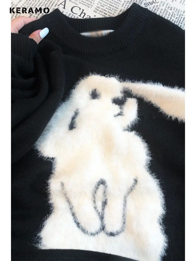 Autumn Winter Women Harajuku Retro Cartoon Cartoon Rabbit Knitted Sweater Oversize Jumper Thick Sweater Pullover Sweater Y2K