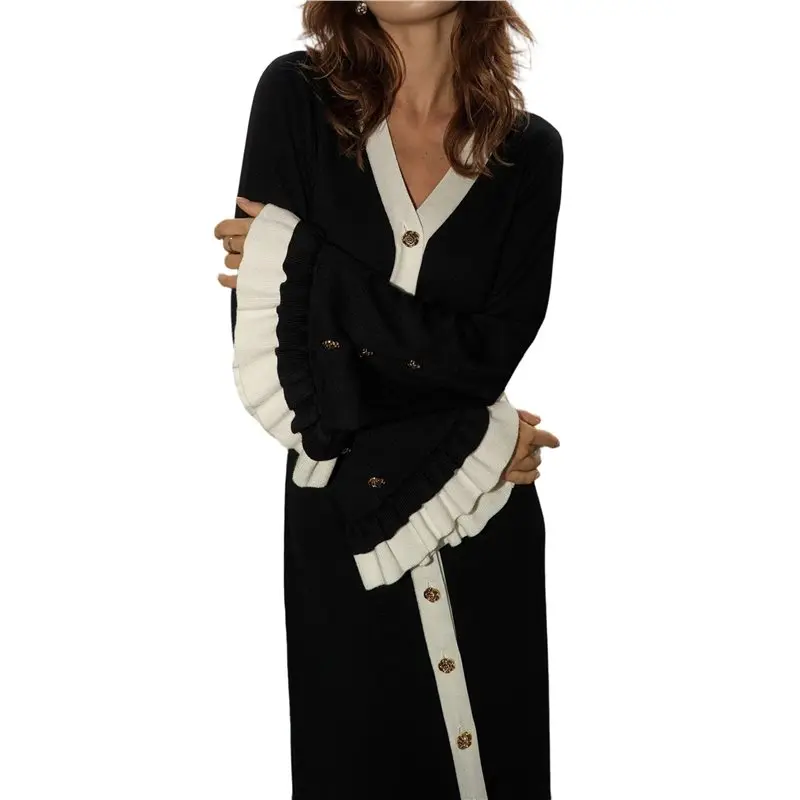 CYL-Women's Bell Sleeve Midi Sweater Dress Fall V-Neck Color Block Bodycon فساتين متماسكة #4