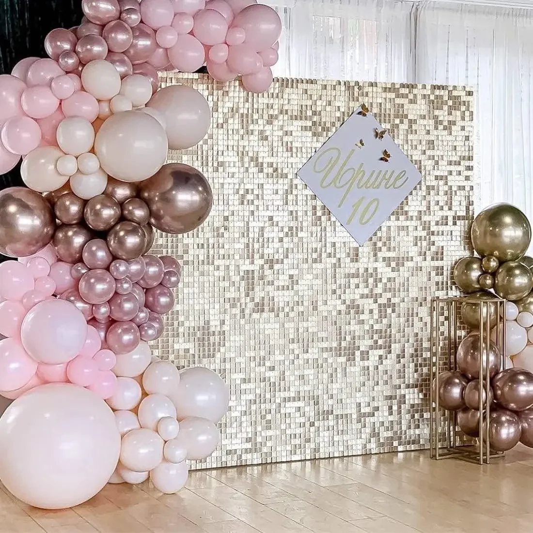 Schimmernder Wandhintergrund, Champagnergold, quadratisch, Pailletten-Wandpaneel, Hintergrunddekoration für Hochzeit, Jahrestag, Geburtstag, Party, 24-tlg – Detail 2