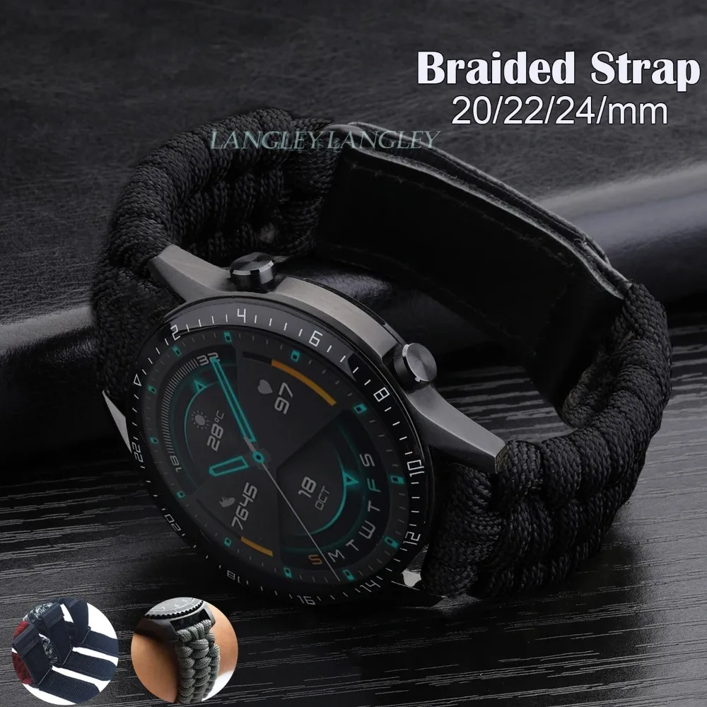 Outdoor Sport Braided Band 20mm 22mm 24mm for Samsung Galaxy Watch 6 5 4 3 Nylon Rope Strap Bracelet for Huawei Leather Clasp