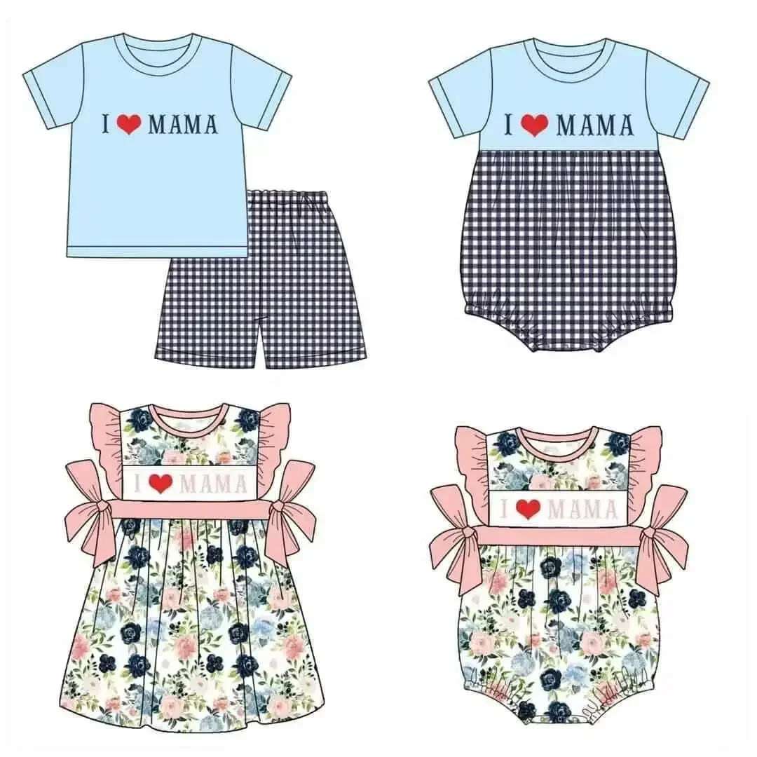 kids boutique clothes toddler valentines day outfits White top plaid shorts set sleeveless romper i love mama print clothing