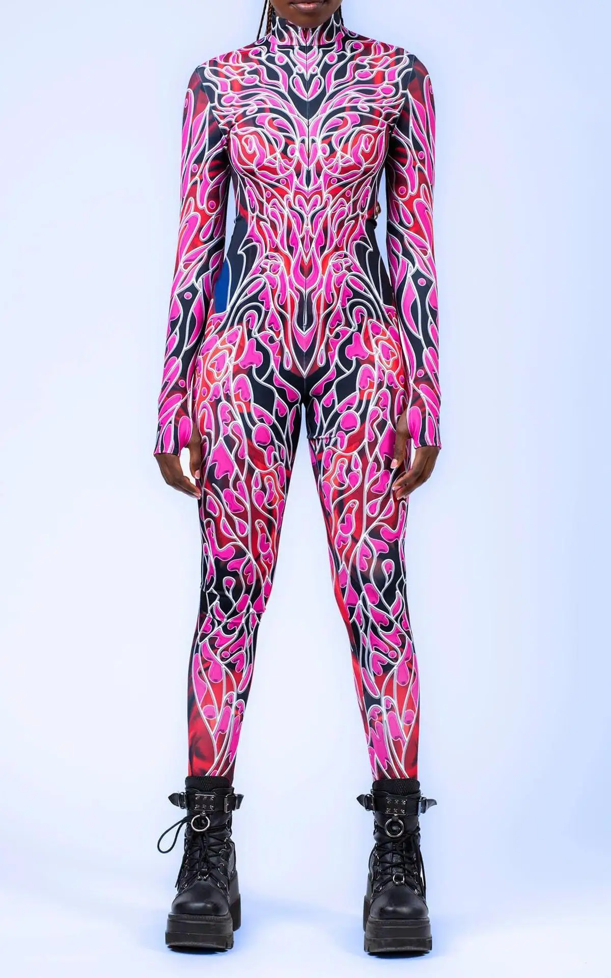 Damen Punk-Print Jumpsuit mit Unregelmäßigen Linien für Erwachsene, Cosplay-Bodysuit für Halloween, Karneval, Party, Auftritt, Radsport, Catsuit, Romper – Detail 15