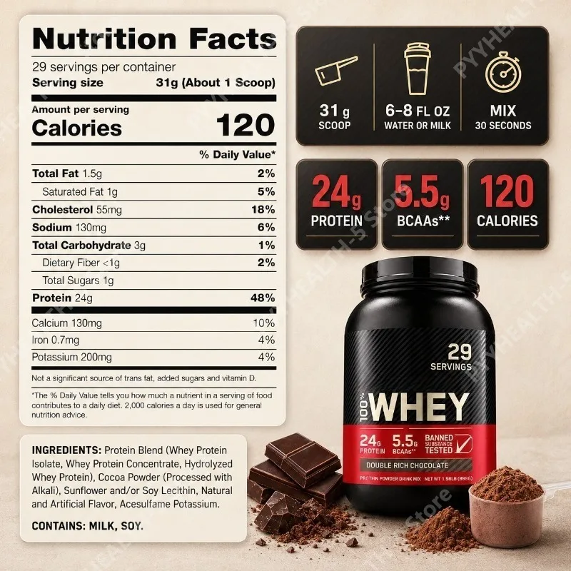 Whey Protein Powder Double Rich Chocolate 24g Protein Muscle Recovery Fitness Nutrition Support Gluten Free 899g 29 Servings