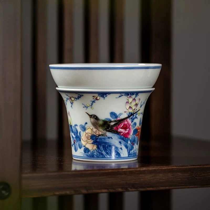 Ceramic tea filter, hand-painted firewood kiln blue and white bucket color flower and bird tea leak